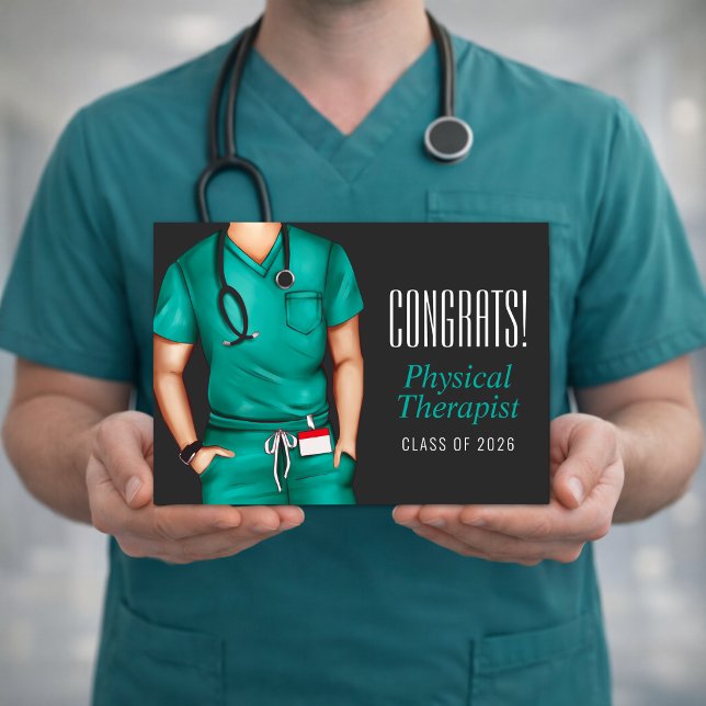 Physical Therapist Graduation Card (Physical therapist graduation greeting card held in hands realistic scrubs mockup clean design)
