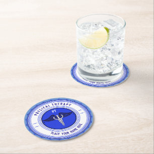 Physical Therapy Blue Caduceus Custom Name Round Paper Coaster