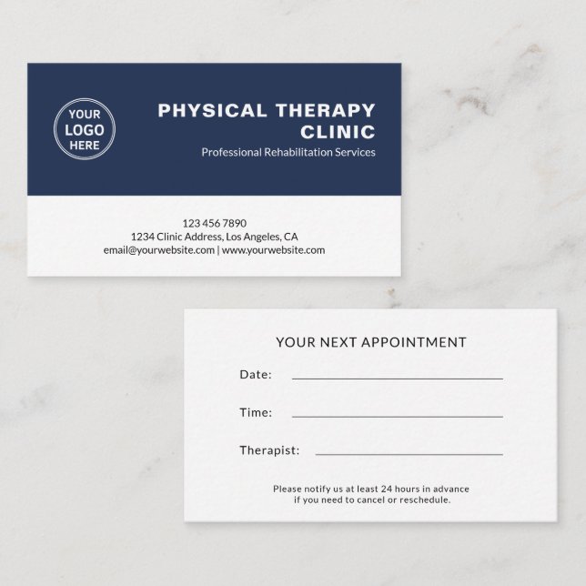 Physical Therapy Clinic Custom Logo Appointment Card (Front/Back)