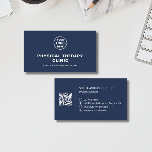 Physical Therapy Clinic Custom Logo QR Navy Blue Business Card