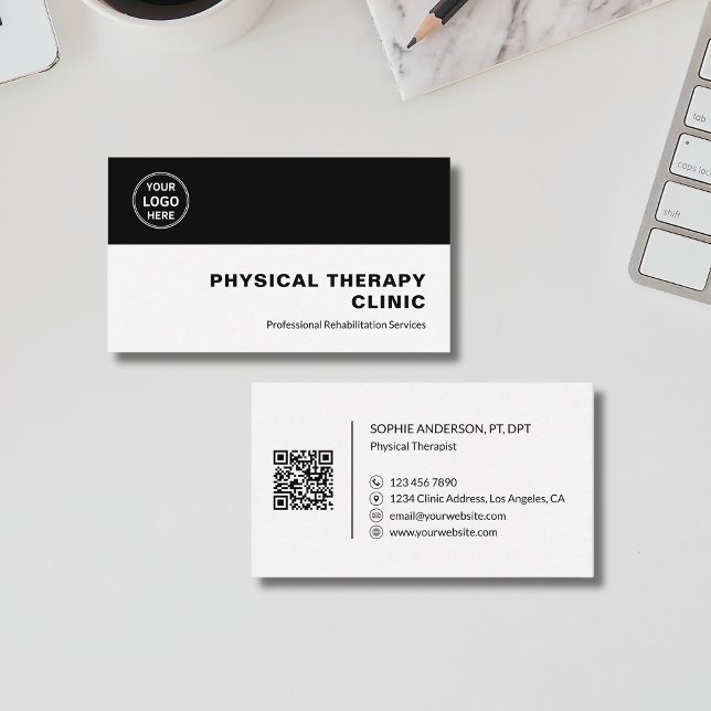 Physical Therapy Clinic Professional Logo QR Black Business Card (Physical Therapy Clinic Professional Logo QR Black Business Card)