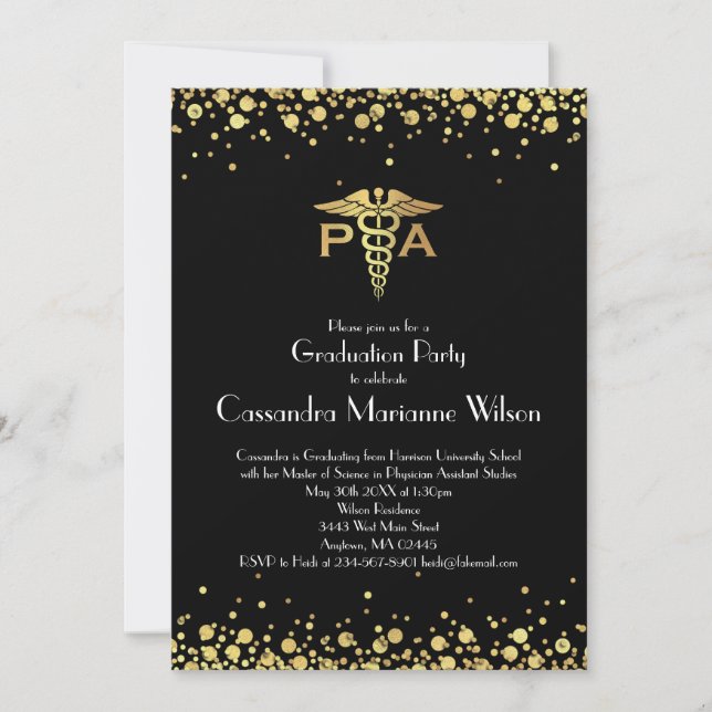 Physician Assistant PA Graduation Black Gold Invitation (Front)