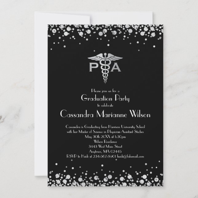 Physician Assistant PA Graduation Black Silver Invitation (Front)