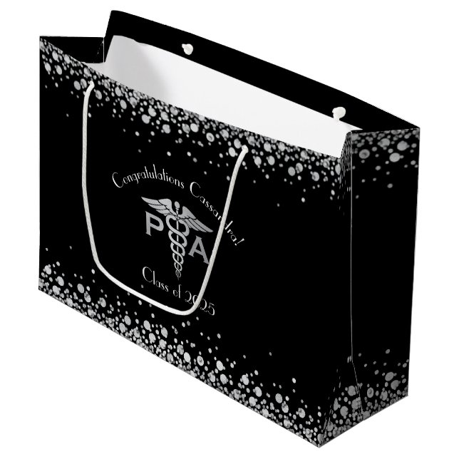 Physician Assistant PA Graduation Black Silver Large Gift Bag (Front Angled)