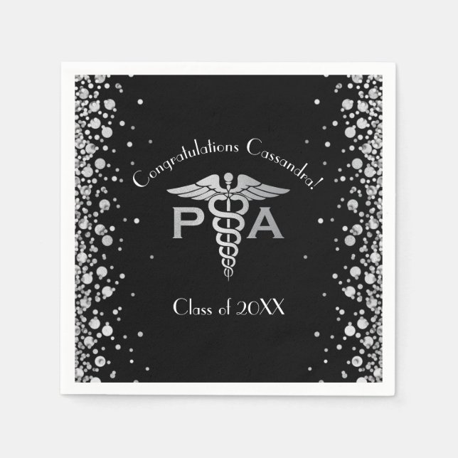Physician Assistant PA Graduation Black Silver Napkin (Front)