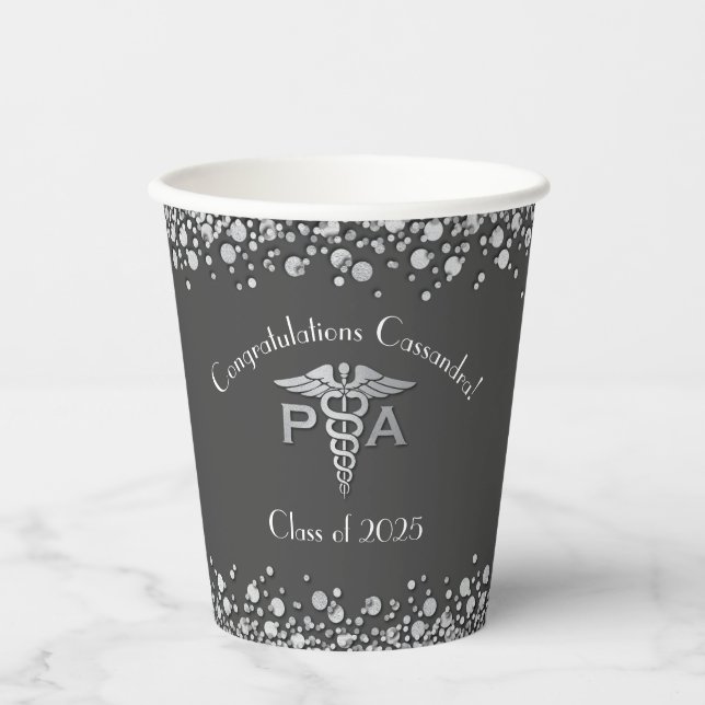 Physician Assistant PA Graduation Grey Silver Paper Cups (Front)