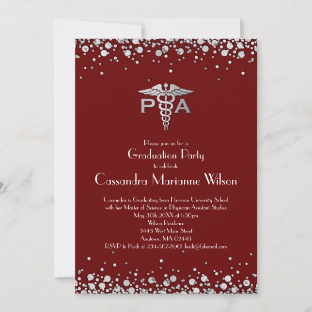 Physician Assistant PA Graduation Maroon Silver Invitation (Front)