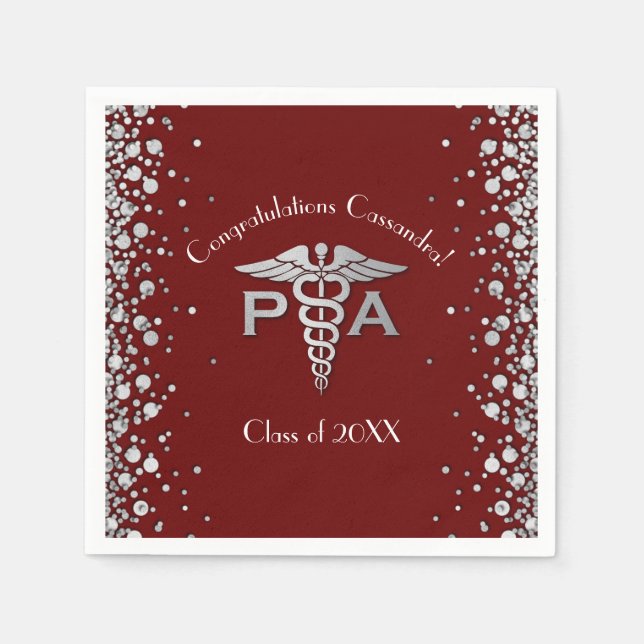 Physician Assistant PA Graduation Maroon Silver Napkin (Front)