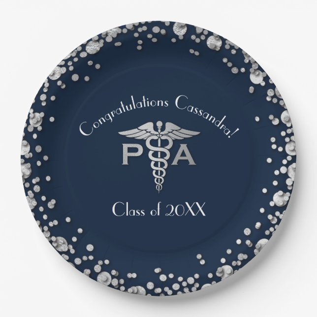 Physician Assistant PA Graduation Navy Blue Silver Paper Plate (Front)