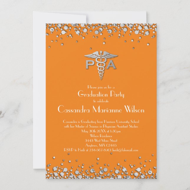 Physician Assistant PA Graduation Orange Silver Invitation (Front)