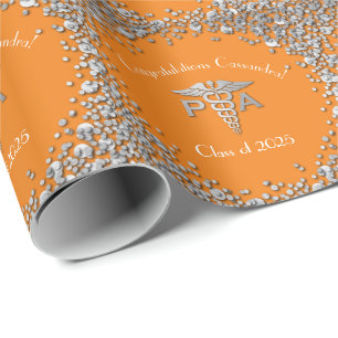 Physician Assistant PA Graduation Orange Silver Wrapping Paper