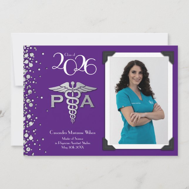 Physician Assistant PA Graduation Purple Silver Invitation (Front)