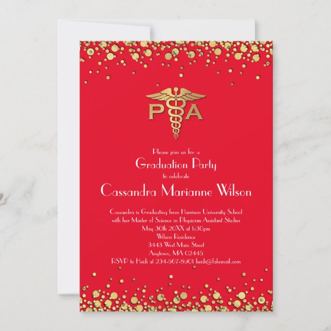 Physician Assistant PA Graduation Red Gold Invitation (Front)