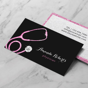 Physician Modern Pink Glitter Stethoscope Doctor Business Card