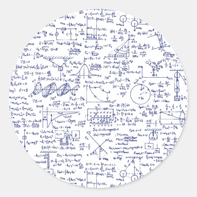 Physics Equations in Blue Pen // Classic Round Sticker (Front)