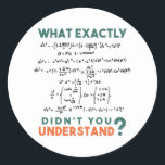 Physics formula Joke Classic Round Sticker<br><div class="desc">Cool and funny physics design with the quote "What exactly didn't you understand". A must for every physicist,  physics student,  physics teacher,  physics lover,  Physics Nerds and Physics Geeks.</div>