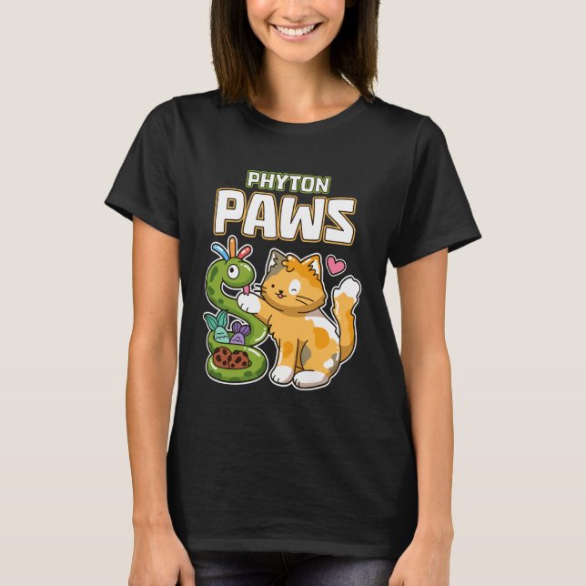 Phyton Paws Funny Cat Snake Python Programming Dev T-Shirt (Front)