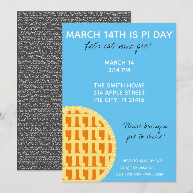 Pi Day Party Invitation w/ Pi Digits on Back! (Front/Back)