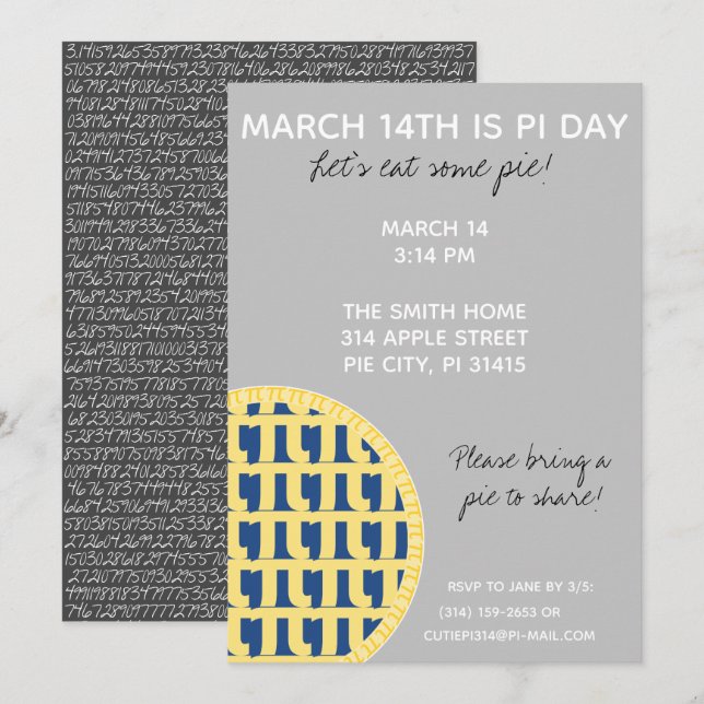 Pi Day Party Invitation w/ Pi Digits on Back! (Front/Back)
