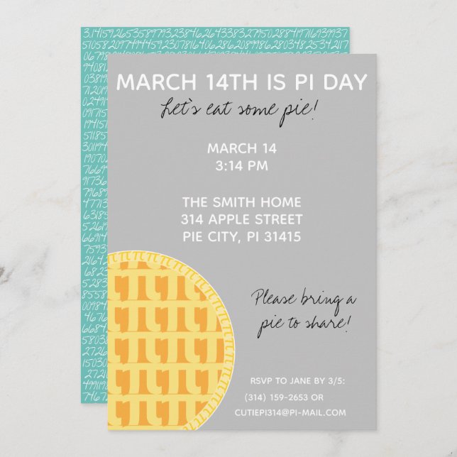 Pi Day Party Invitation w/ Pi Digits on Back! (Front/Back)