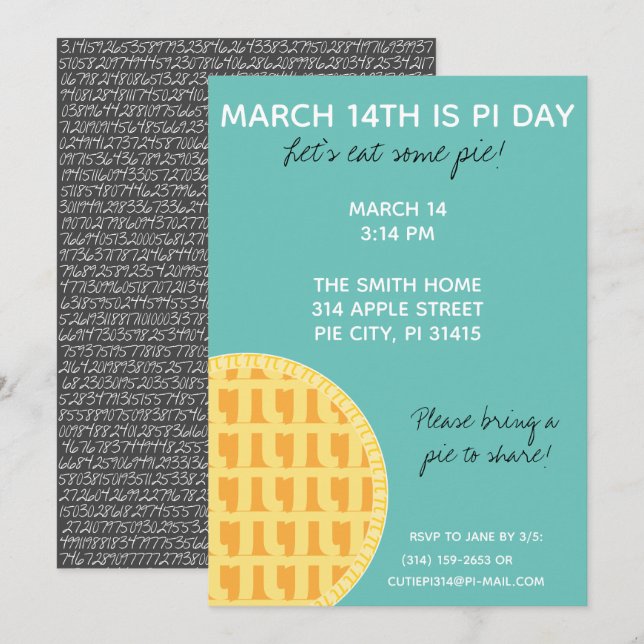 Pi Day Party Invitation w/ Pi Digits on Back! (Front/Back)