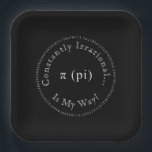 Pi, The Irrational Mathematical Constant Fun Paper Plate<br><div class="desc">This black and white art piece, designed digitally, is released in commemoration of Pi Day, which is observed each year on March 14. The date 3.14 corresponds to the rounded value of π (pi), a well-recognised mathematical constant. The design features the value of the Pi constant to the first 100...</div>