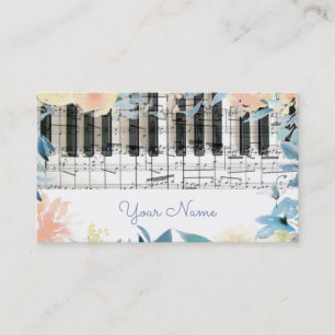 pianist keyboard and watercolor flowers border business card