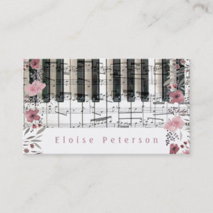 pianist keys and pink watercolor flowers business card