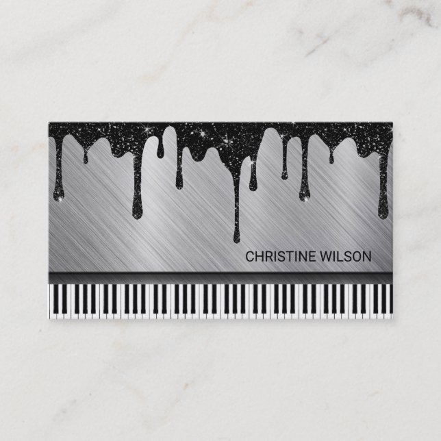 pianist silver black dripping glitter business card (Front)