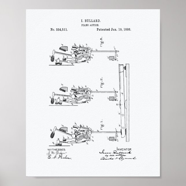 Piano Action 1886 Patent Art White Paper Poster (Front)