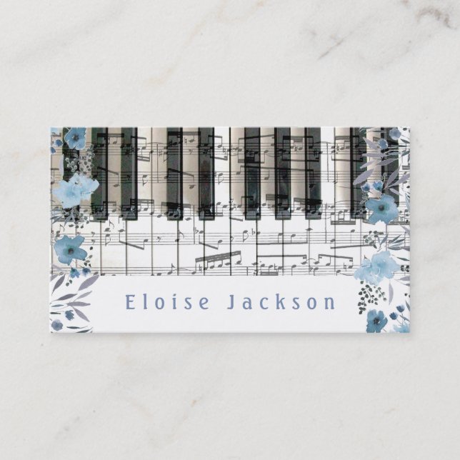 piano and blue flowers decor business card (Front)