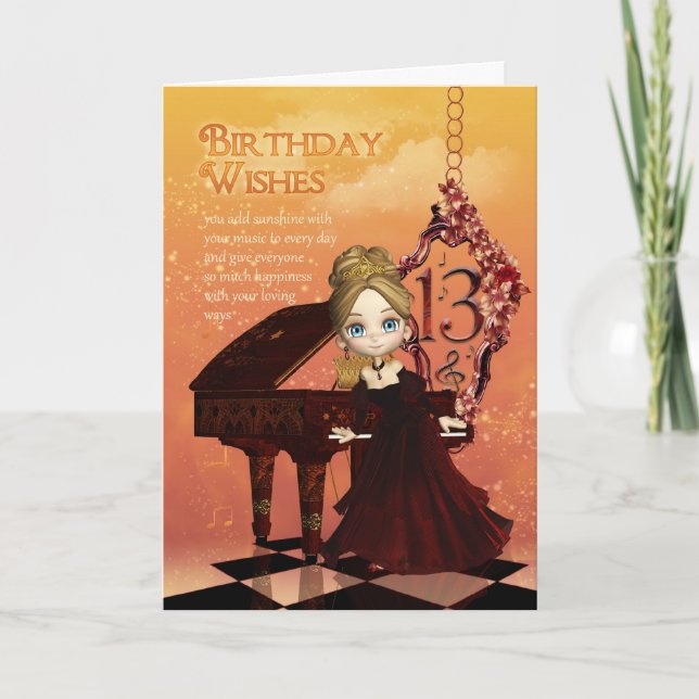 Piano And Music 13th Birthday Card With Cute Young (Front)