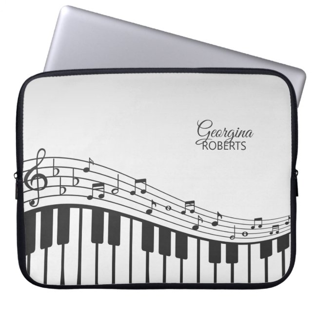 Piano and Music Notes with Custom Name Laptop Sleeve (Front)