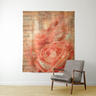 Piano and violin with music notes and rose tapestry