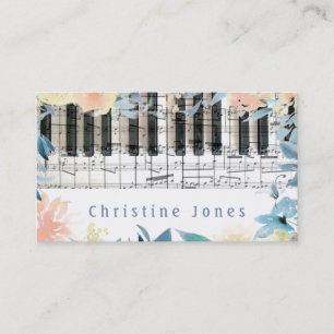 piano and watercolor flowers border business card