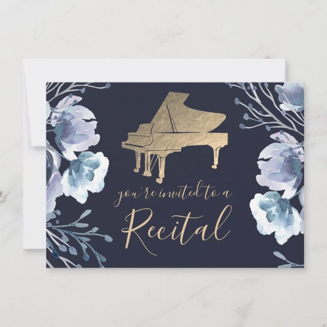 piano blue watercolor floral invitation (Front)