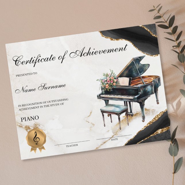 Piano Certificate Music School Recital Achievement (piano recital certificate with watercolor piano and flower bouquet)