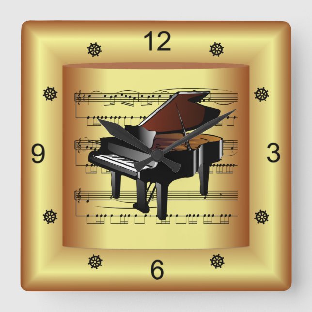 ~ Piano ~ Curved Sheet Music ~ Gold Background ~  Square Wall Clock (Front)