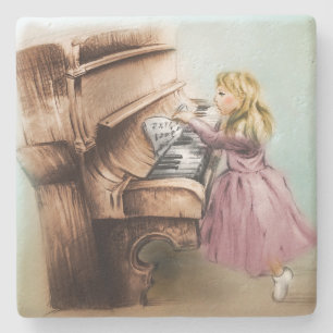 Piano Girl Stone Coaster, Colourful Vintage Art Coaster