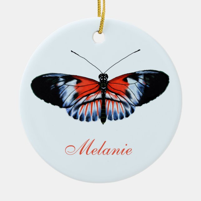 Piano Key Butterfly Black, Red & Blue Painting Ceramic Ornament (Front)
