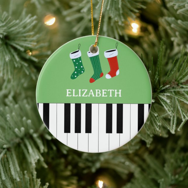Piano Key Christmas Socks Green Ceramic Ornament (Tree)