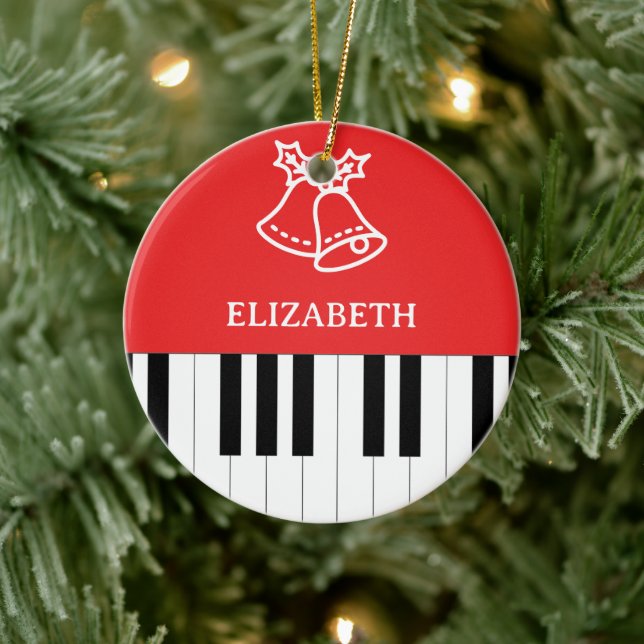 Piano Key Jingle Bell Christmas Red Ceramic Ornament (Tree)