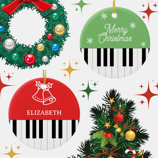 Piano Key Jingle Bell Merry Christmas Red Green Ceramic Ornament (Creator Uploaded)