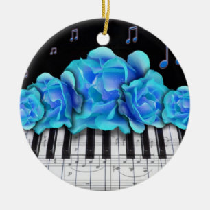 Piano Keyboard and Blue Roses Ornament