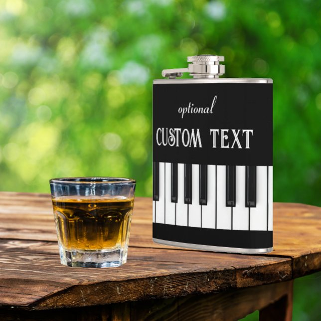 Piano Keyboard and customisable text black & white Hip Flask (Piano keyboard hip flask with optional text)