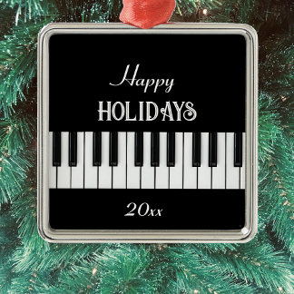 Piano Keyboard and customisable text black & white Metal Ornament