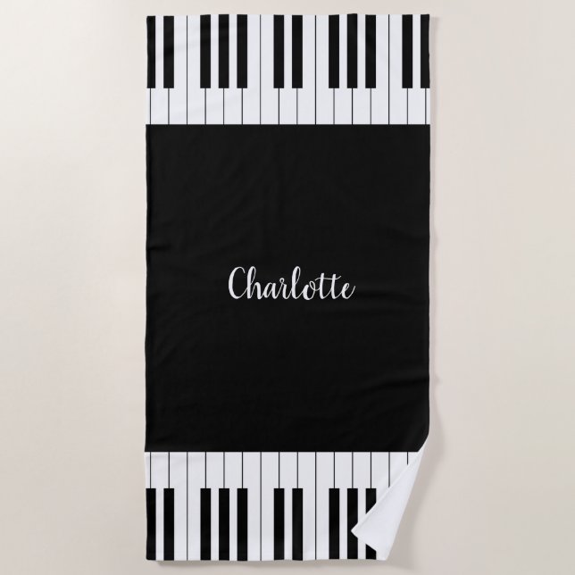 Piano Keyboard, Black and White Beach Towel (Front)