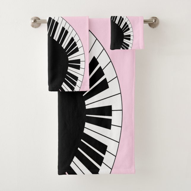 Piano Keyboard Black and White Music Design Pink Bath Towel Set (Insitu)