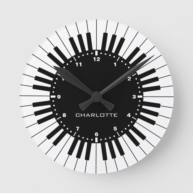 Piano Keyboard Black and White Round Clock (Front)