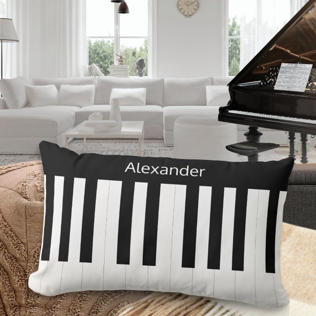 Piano Keyboard Black White Musical Instrument Lumbar Cushion (A stylish lumbar pillow with black and white piano keys design, personalized with a name)